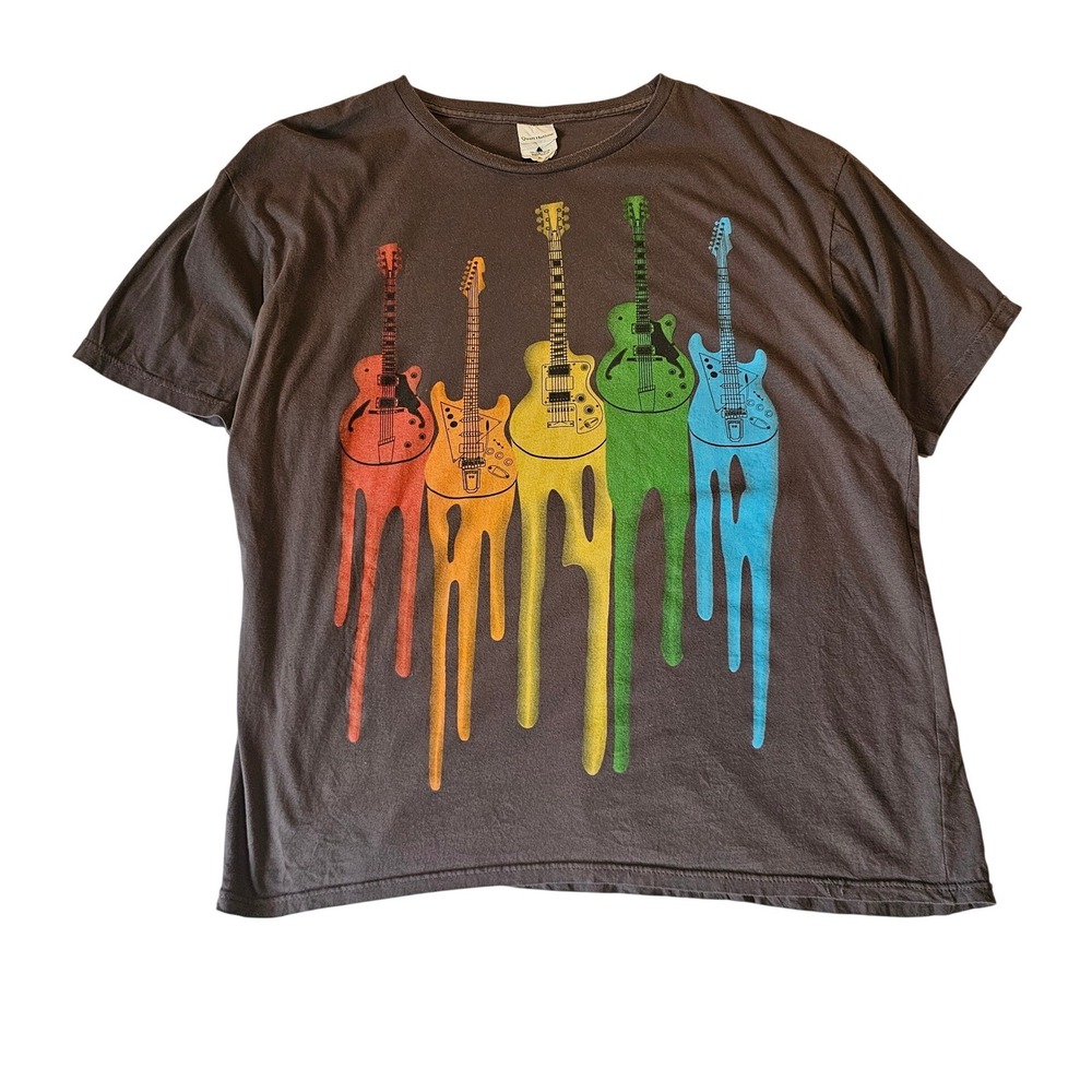 Quail Hollow Mens XL Melting Rainbow Guitar‎ Graphic T-Shirt Brown Combed Cotton